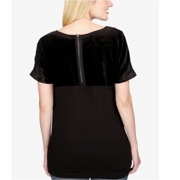 Lucky Brand Black Velvet 1/2 Zip Up Back Short Sleeve Top - Picture 13 of 13